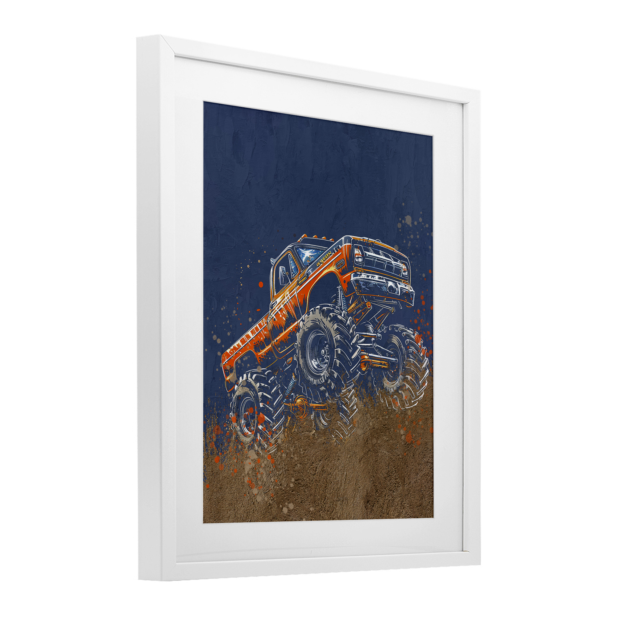 My Jam Monster Truck White Framed Print Under Glass, design by Kim Allen