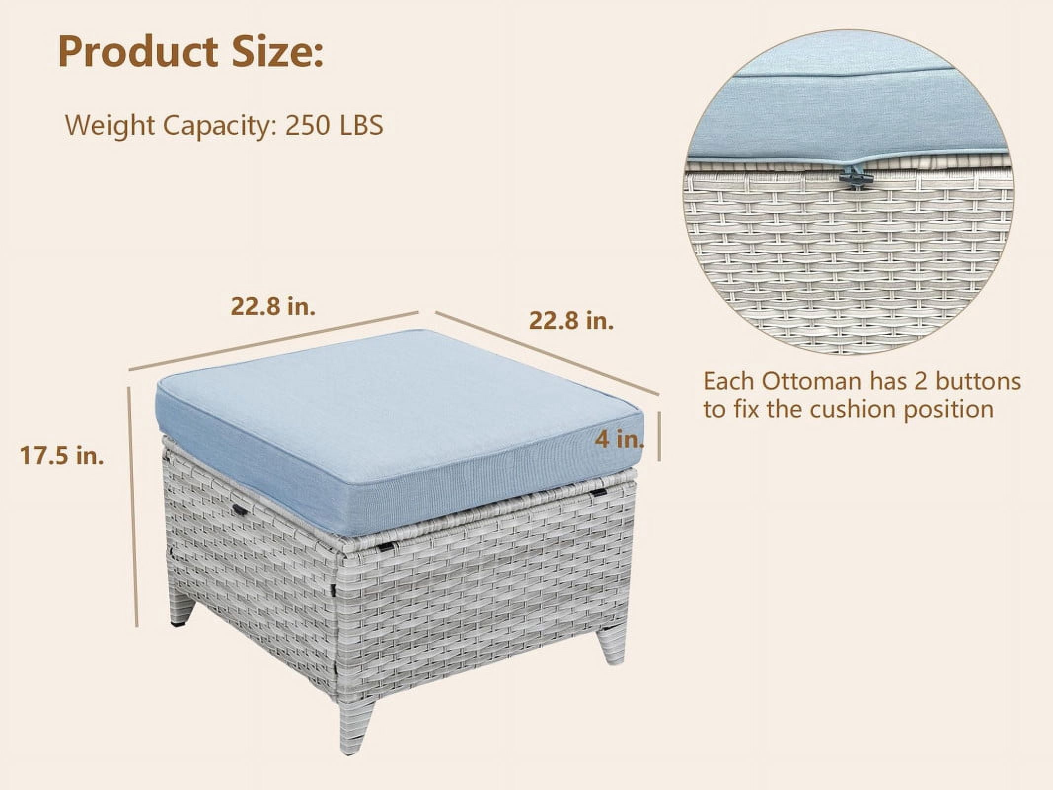 PARKWELL 2PCS Outdoor Wicker Ottoman Patio Rattan Furniture Footrest Seat Square Footstool w/Light Blue Cushion