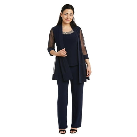 R&M Richards Women's Beaded neck 2 Piece Pant Suit - Mother of the bride outfit, 4P Navy