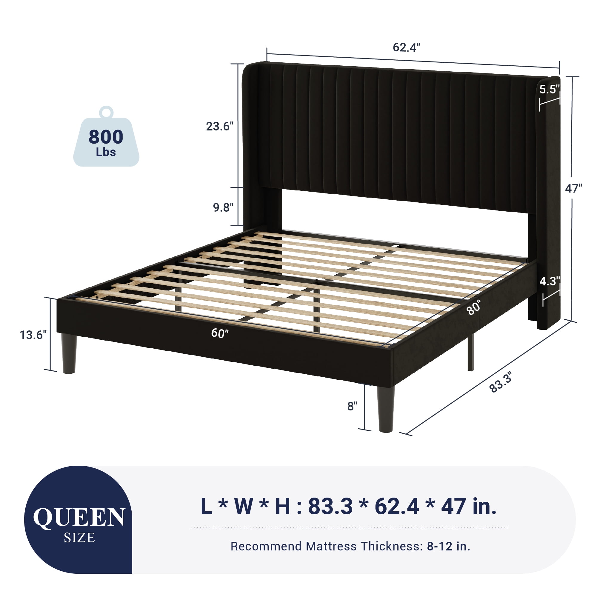 Sifurni Queen Size Velvet Platform Bed Frame with Vertical Channel Tufted Wingback Headboard, Black