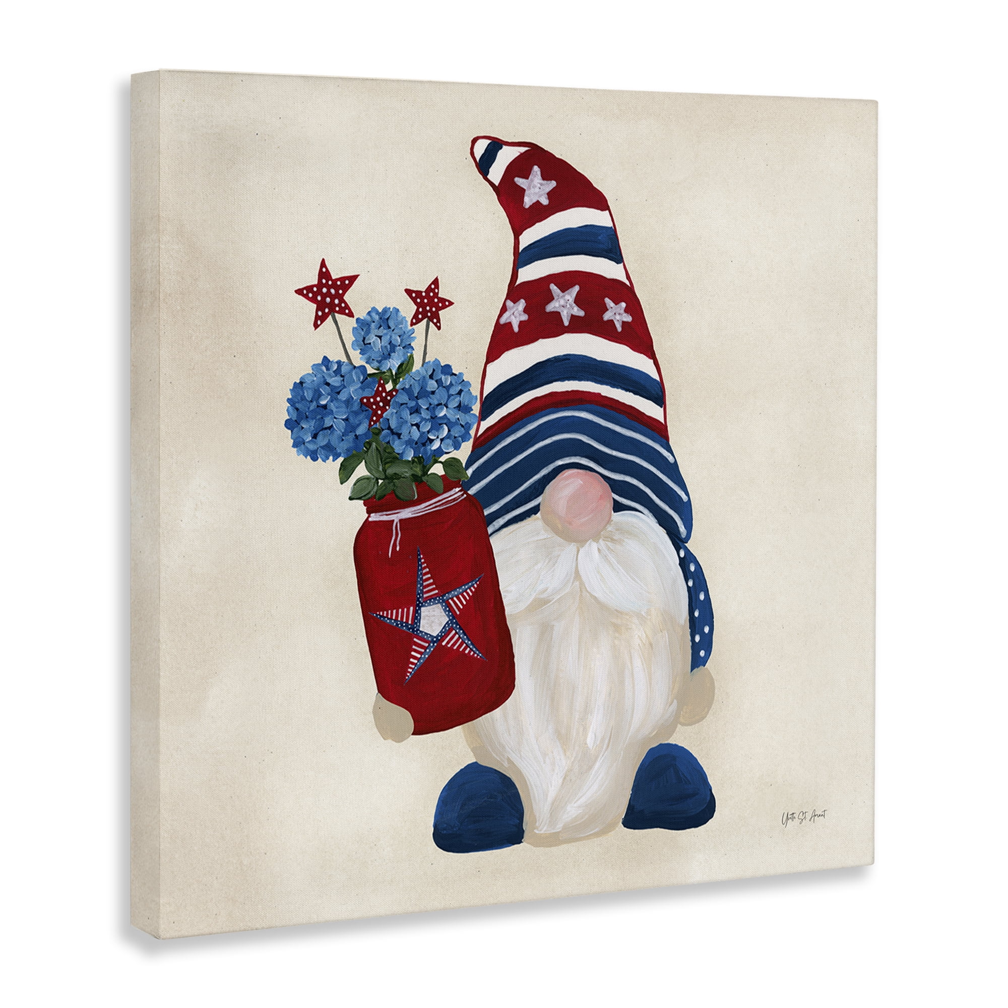 Stupell Industries American Gnome with Flowers Patriotic Painting Wrapped Canvas Art Print Wall Art, 17 x 17