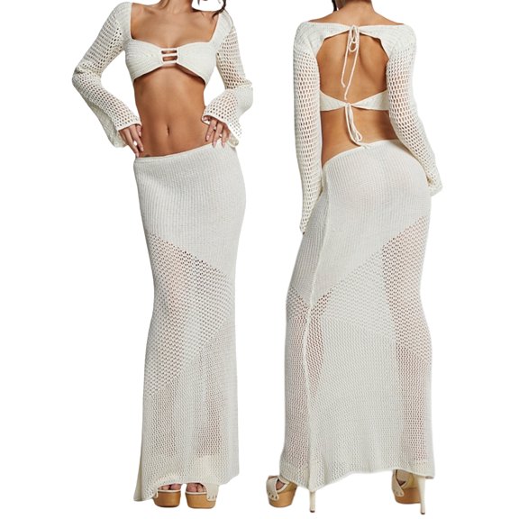 Baby Sweetie Women Hollow Out Knit Skirt Outfits Long Sleeve Square Neck Crop Tops Long Skirts 2pcs Sets