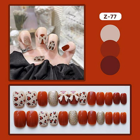 24pcs Short Red Press On Nails Cute Red Gold Leopard Print Design Fake ...
