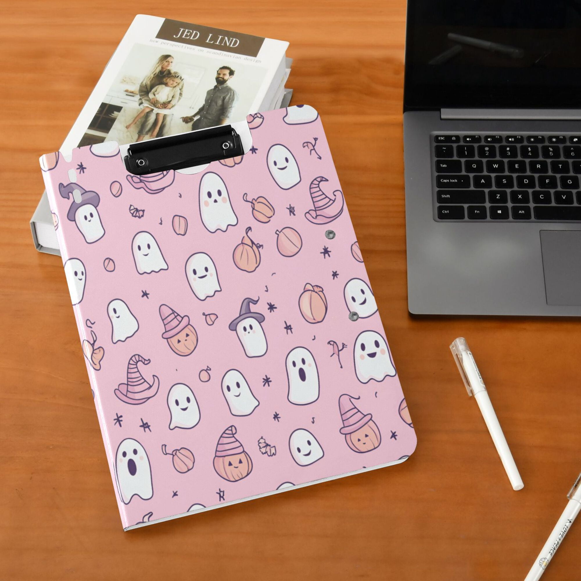 FORMRS A4 Clipboard Folder with Pen Holder Horizontal Foldable School Office Binder, Pink Halloween