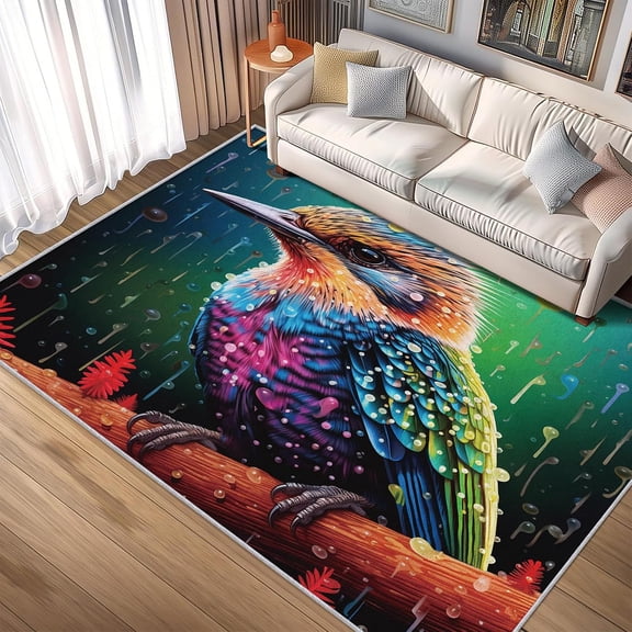 Colorful Bird Branch Area Rugs, Raindrop Nature Pattern Carpet, Washable Non Slip Low Pile Soft Rug for Living Room Bedroom Home Office Decor Mat 2x3ft