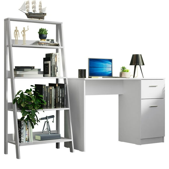 Madesa Compact Desk 43" + Ladder Shelf Standing Bookcase - White