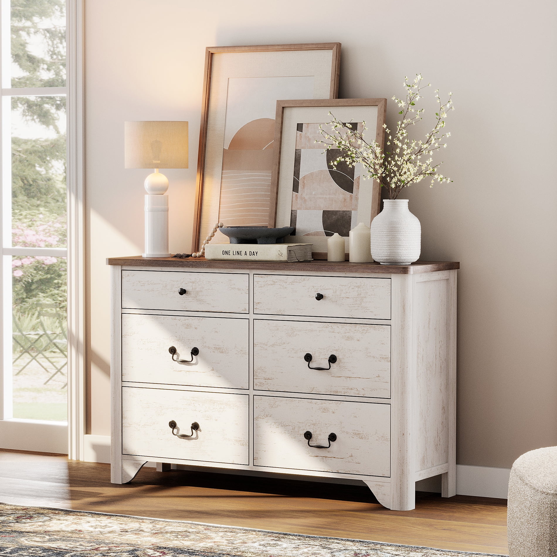 WAMPAT Farmhouse 3-Piece Bedroom Set, 47.2" Wood 6-Drawer Dresser and Nightstand Set of 2 with Charging Station for Bedroom,Living Room,White