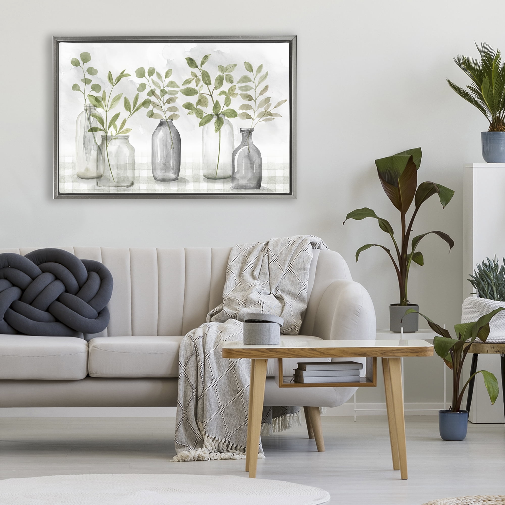 Stupell Industries Greenery Leaves in Vases Gray Framed Floater Canvas Wall Art, design by Nan
