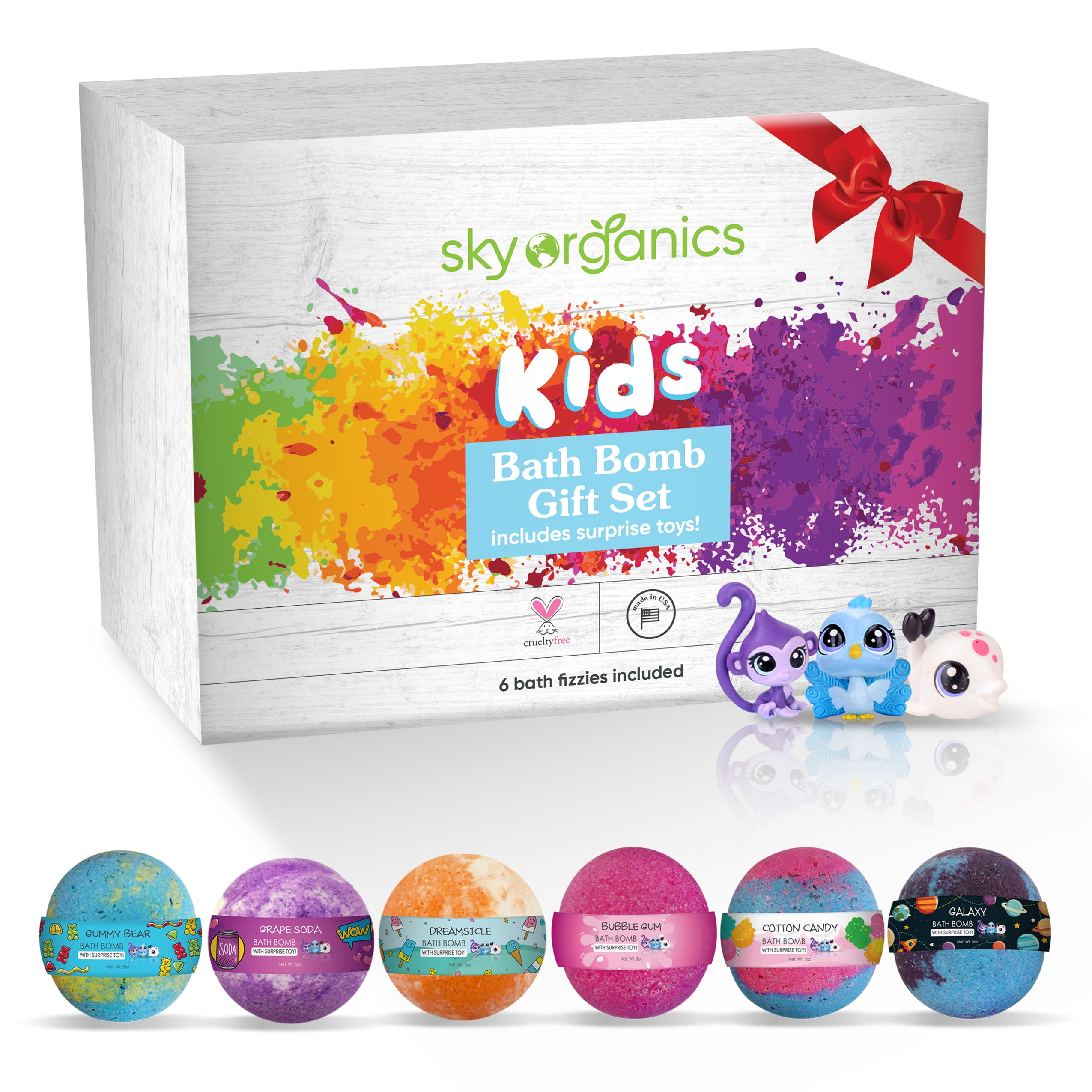 Sky Organics Kids Bath Bombs Gift Set With Surprise Toys Inside 6 Ct Fun Assorted Colored Jumbo Bath Fizzies Kid Friendly Gender Neutral Bath Bombs Made In The Usa Bubble Bath Fizzy Set