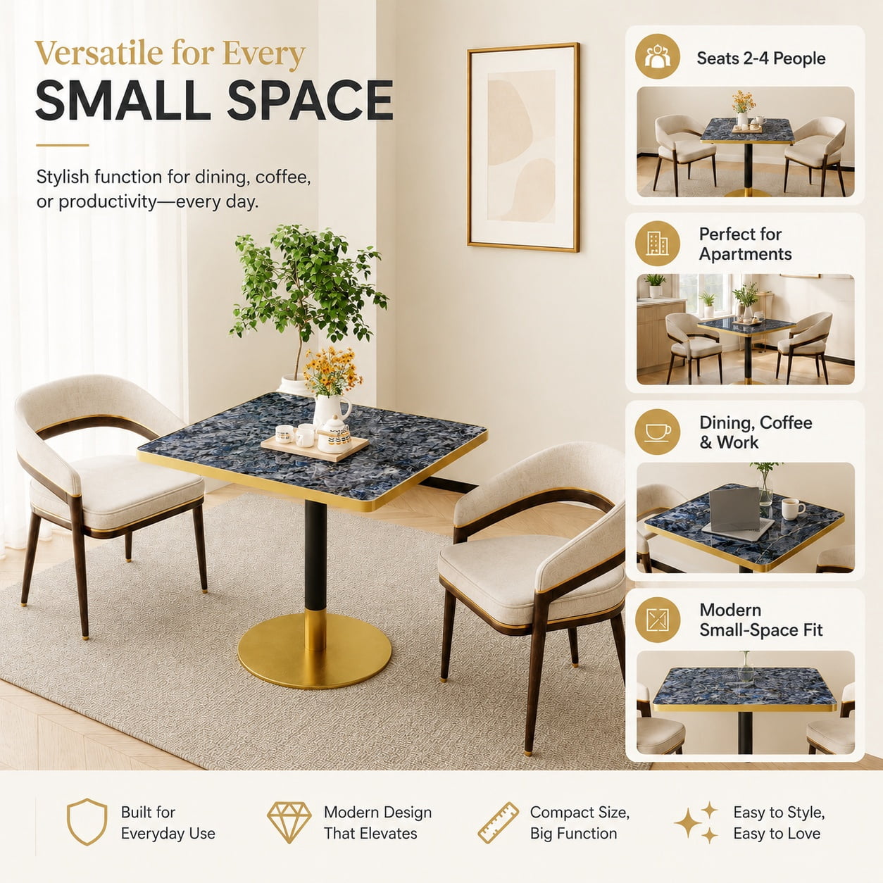 Aukfa 31.5" Square Dining Table for 2-4, Marble-Look Sintered Stone Top, Gold Pedestal Base, Small Spaces,Sapphire Blue