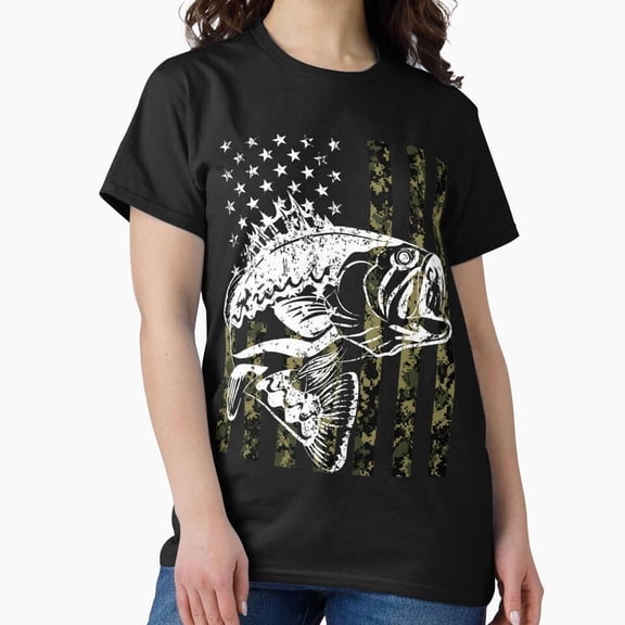Fishing Camouflage USA Flag Bass Fisherman Birthday Gift Idea T-Shirt, for Men & Women, up to Size 5XL