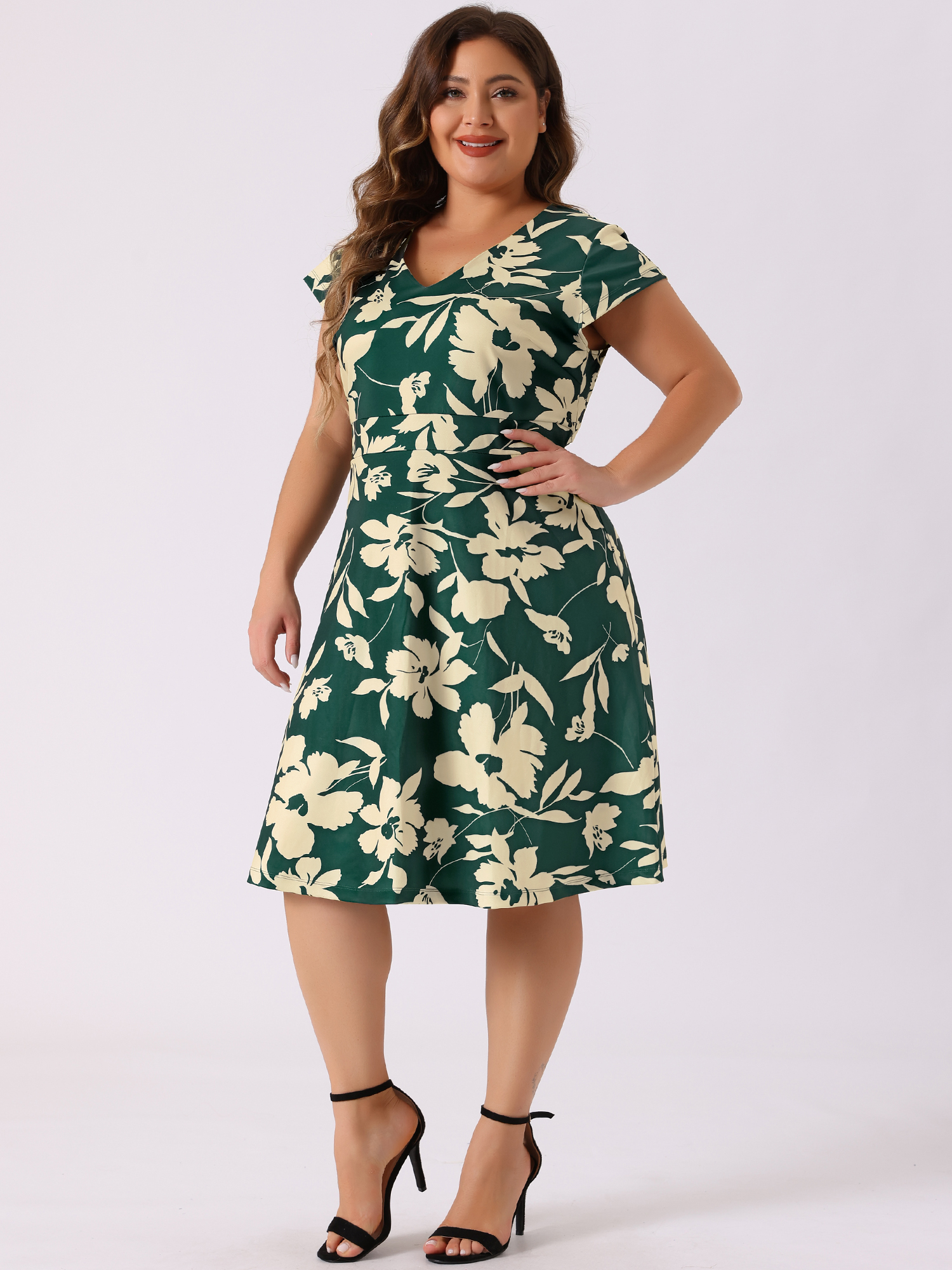 DARING DIVA Plus Size Fashion Cap Sleeve V Neck Above Knee Dress 3X Dark Green