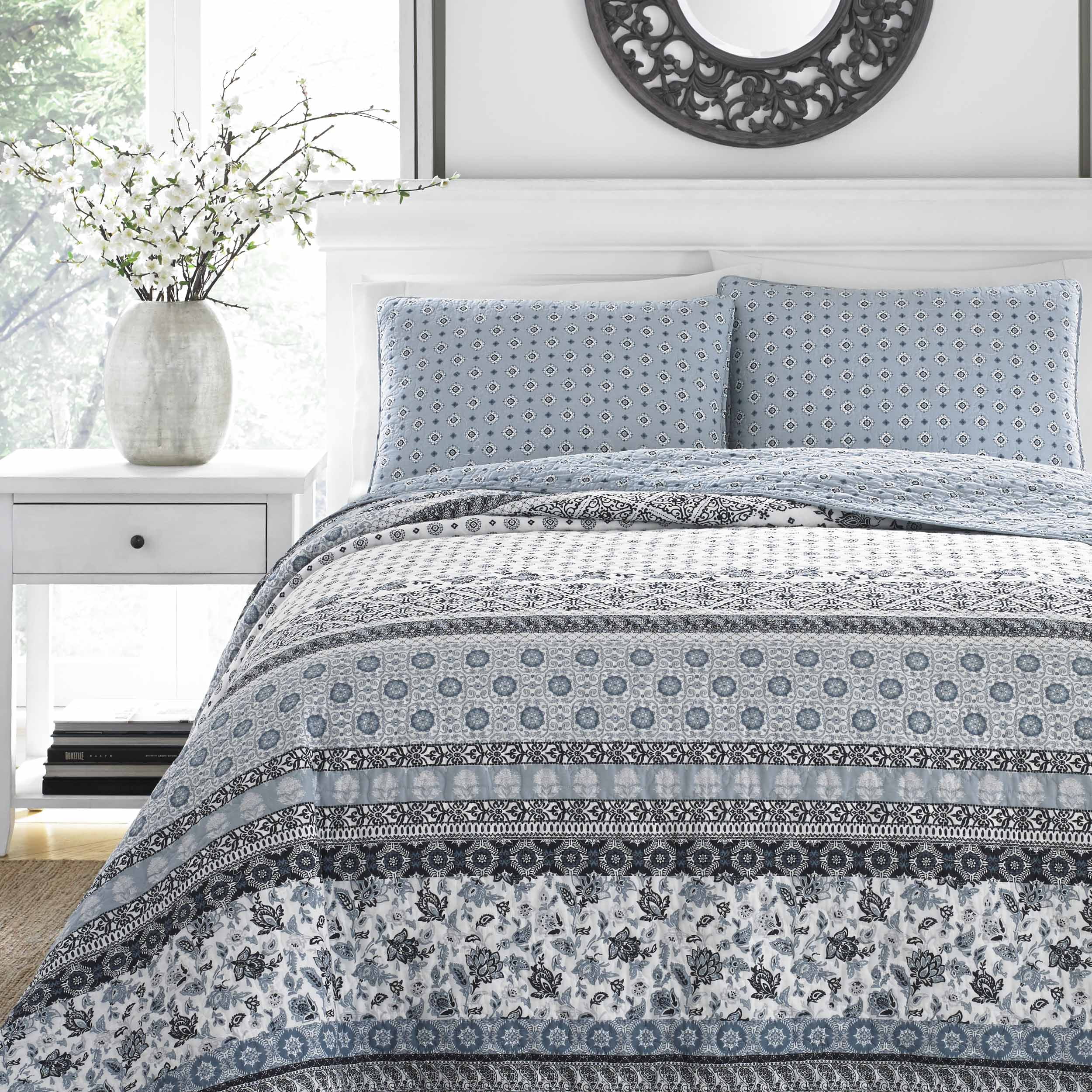 Stone Cottage Bexley Block Print Cotton Reversible 2 Piece Twin Quilt Set