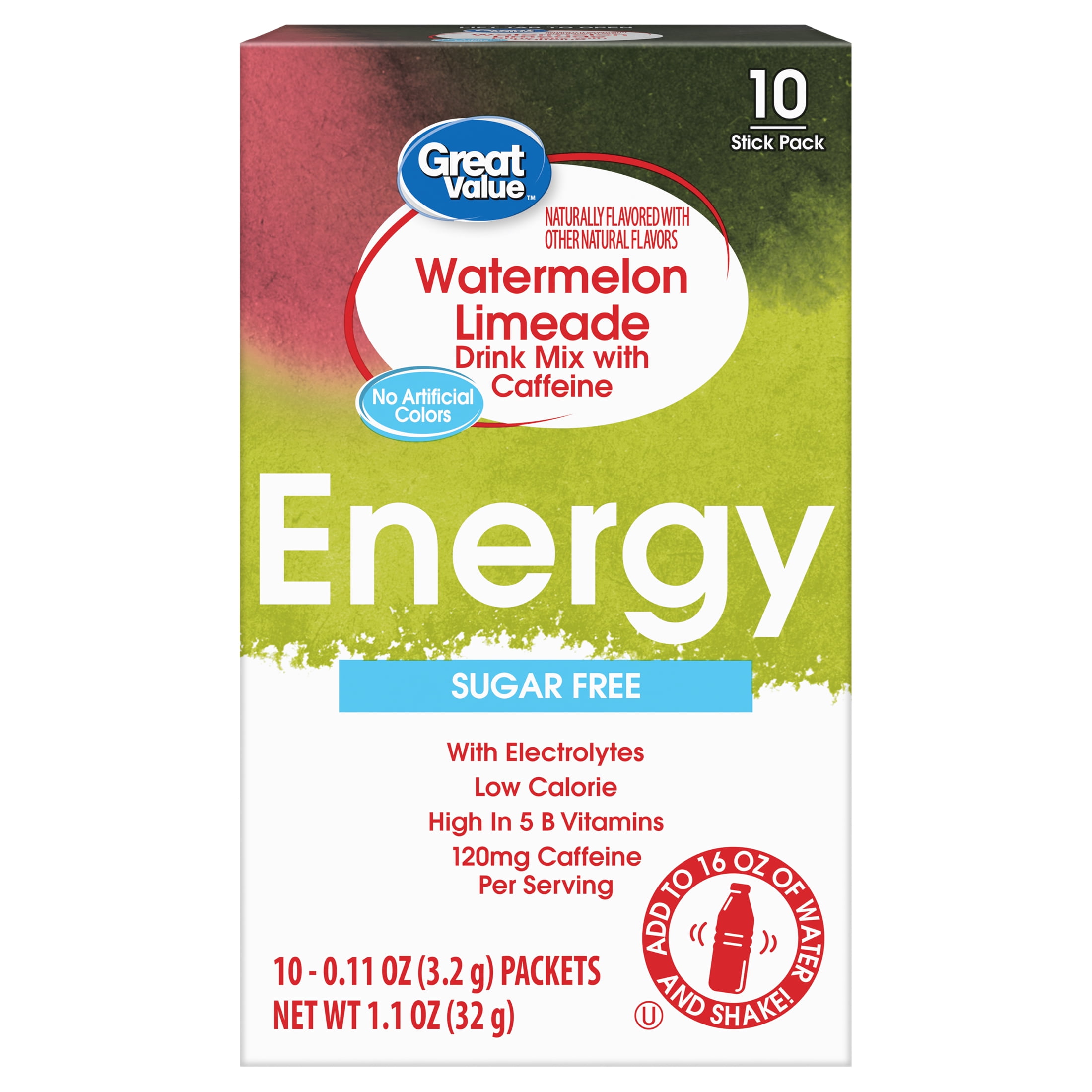 Great Value Energy Electrolyte Watermelon Limeade Liquid Drink Mix, Sugar-Free, 1.1 oz, 10 Packet