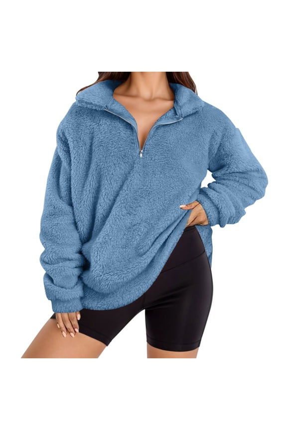 Womens Half Zip Fuzzy Fleece Sherpa Pullover Long Sleeve Oversized Sweatshirt Quarter Zip Crew Neck Sweatshirts Tops Teen Girls Fall Witer Clothes
