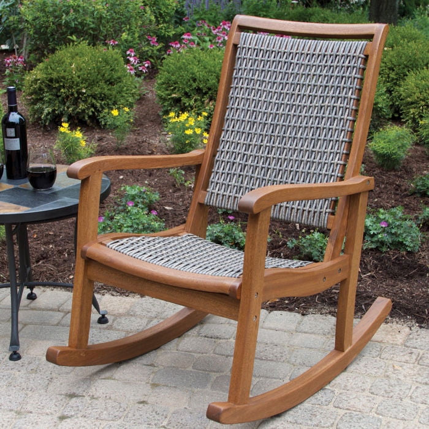 Outdoor Interiors Resin Wicker and Eucalyptus Rocking Chair, Brown and Grey - image 2 of 4