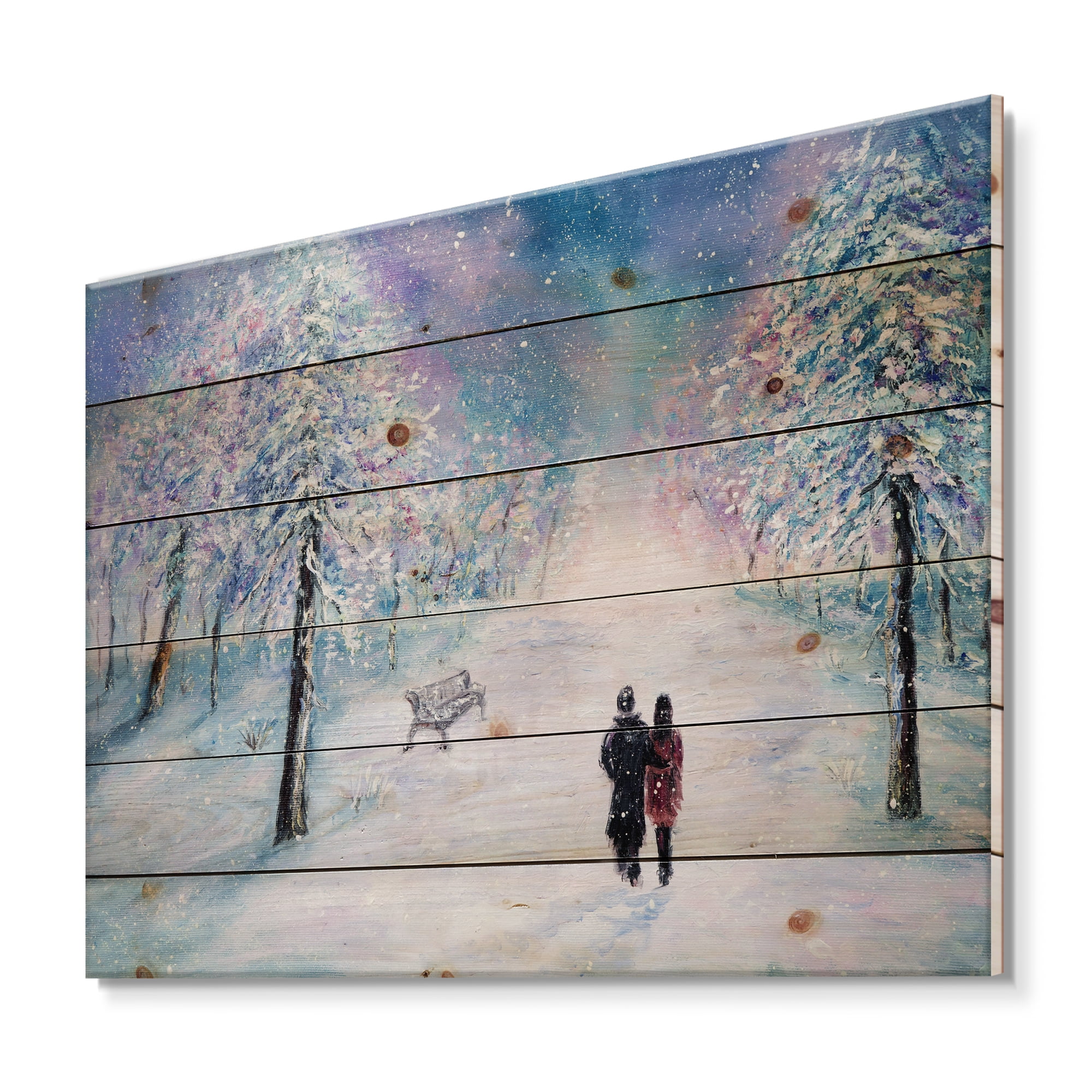 Designart 'Couple In Love Walks During Snowy Winter Times' Traditional Print on Natural Pine Wood