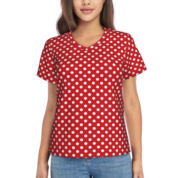 Vsdgher Red Polka Dot Women Shirts V Neck Short Sleeve Tops T-Shirt Basic Tees, S to 3XLSmall