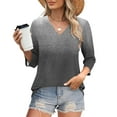 thumbnail image 2 of Trendy Gradient Blouses Women Casual Comfy V Neck Shirts Teen Girls Fashion 3/4 Length Sleeves Pleated Pullover Clothes, 2 of 6