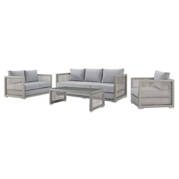 Contemporary Modern Urban Designer Outdoor Patio Balcony Garden Furniture Lounge Sofa, Chair and Coffee Table Set, Rattan Wicker Fabric, Grey Gray