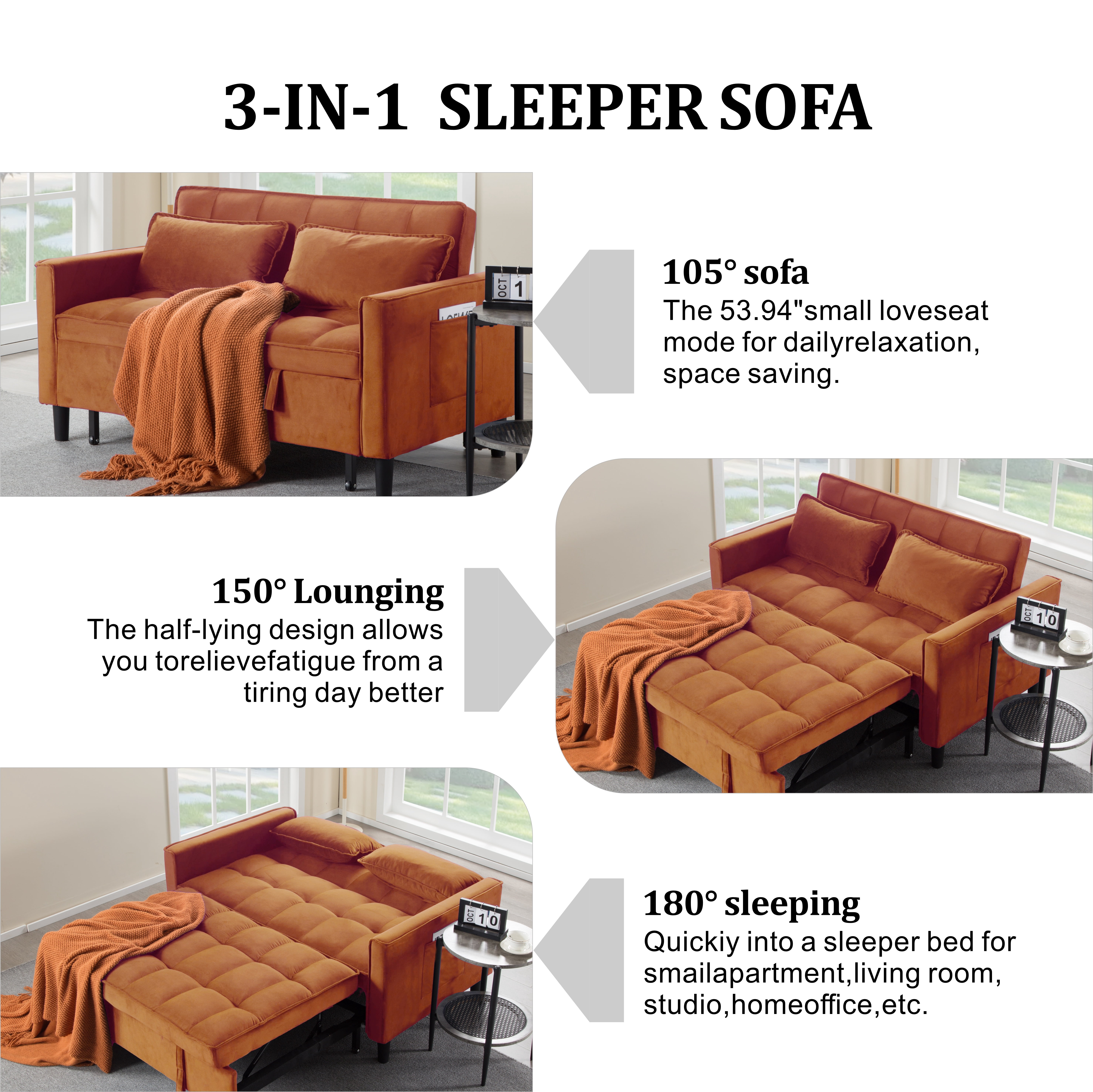 Gewnee 53.94" Pull-Out Sofa Bed – Convertible Twin Size Sleeper Bed,3 Adjustable Backrest Angles & Storage Side Pocket for Living Room,Office,Guest Room.Antique Gold