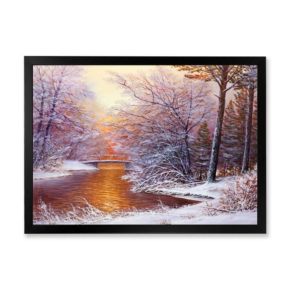 Designart 'Christmas Forest With Trees and River II' Traditional Framed Art Print