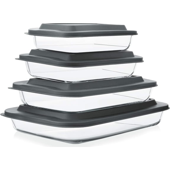 8-Piece Deep Glass Baking Dish Set with Plastic Lids, Rectangular Glass Bakeware Set with Lids, Baking Pans for Lasagna, Leftovers, Cooking, Kitchen, Freezer-to-Oven and Dishwasher Safe, Gray
