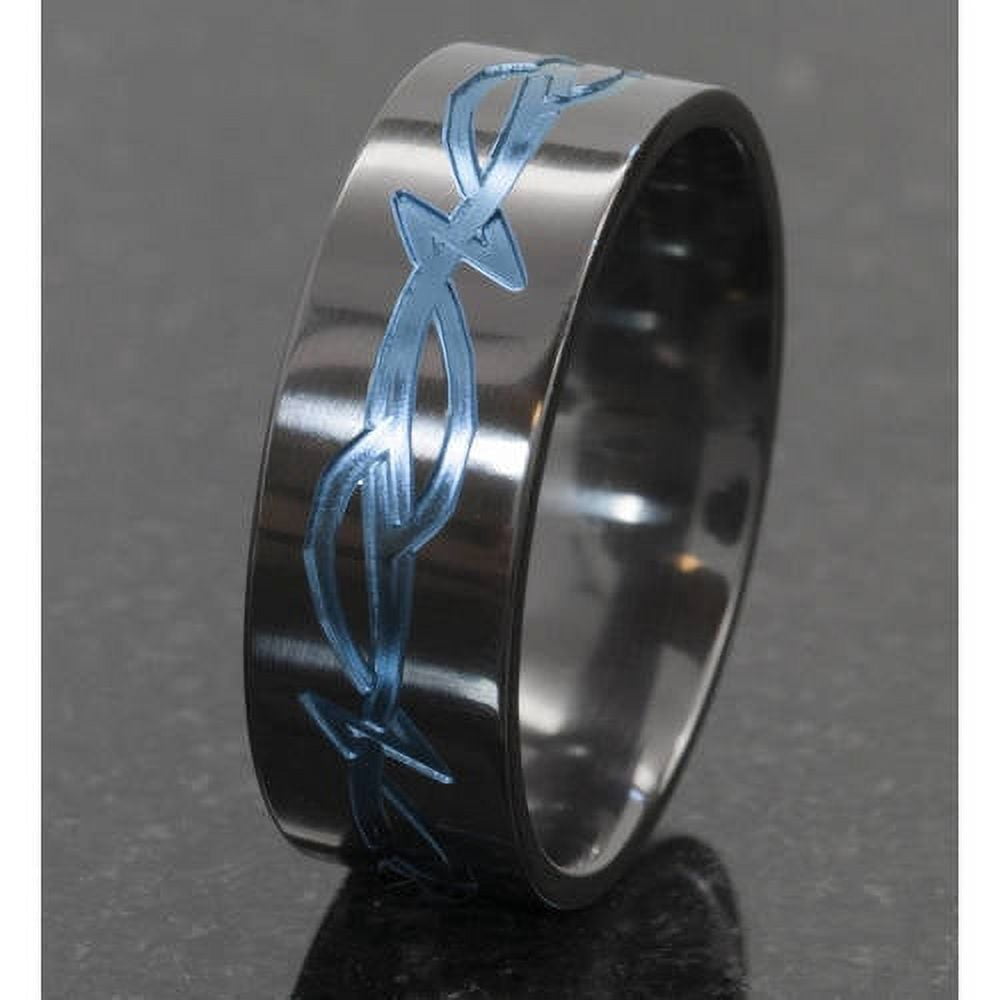 8mm Flat Black Zirconium Ring a Tribal Design Anodized in Blue