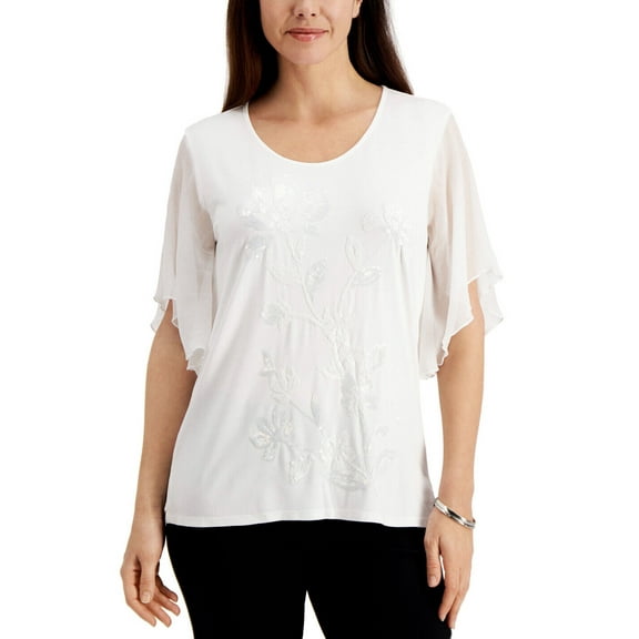 JM Collection Women's Petite Chiffon-Sleeve Embellished Top Bright White Size PS