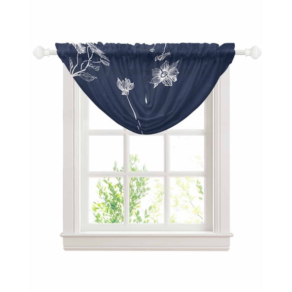 Navy Blue White Floral Sheer Waterfall Valance Curtains for Window, Abstract Art Summer Botanical Rod Pocket Sheer Topper Swag Curtains for Living Room, Kitchen 38.5"W x 47.2"L, 1 Panel