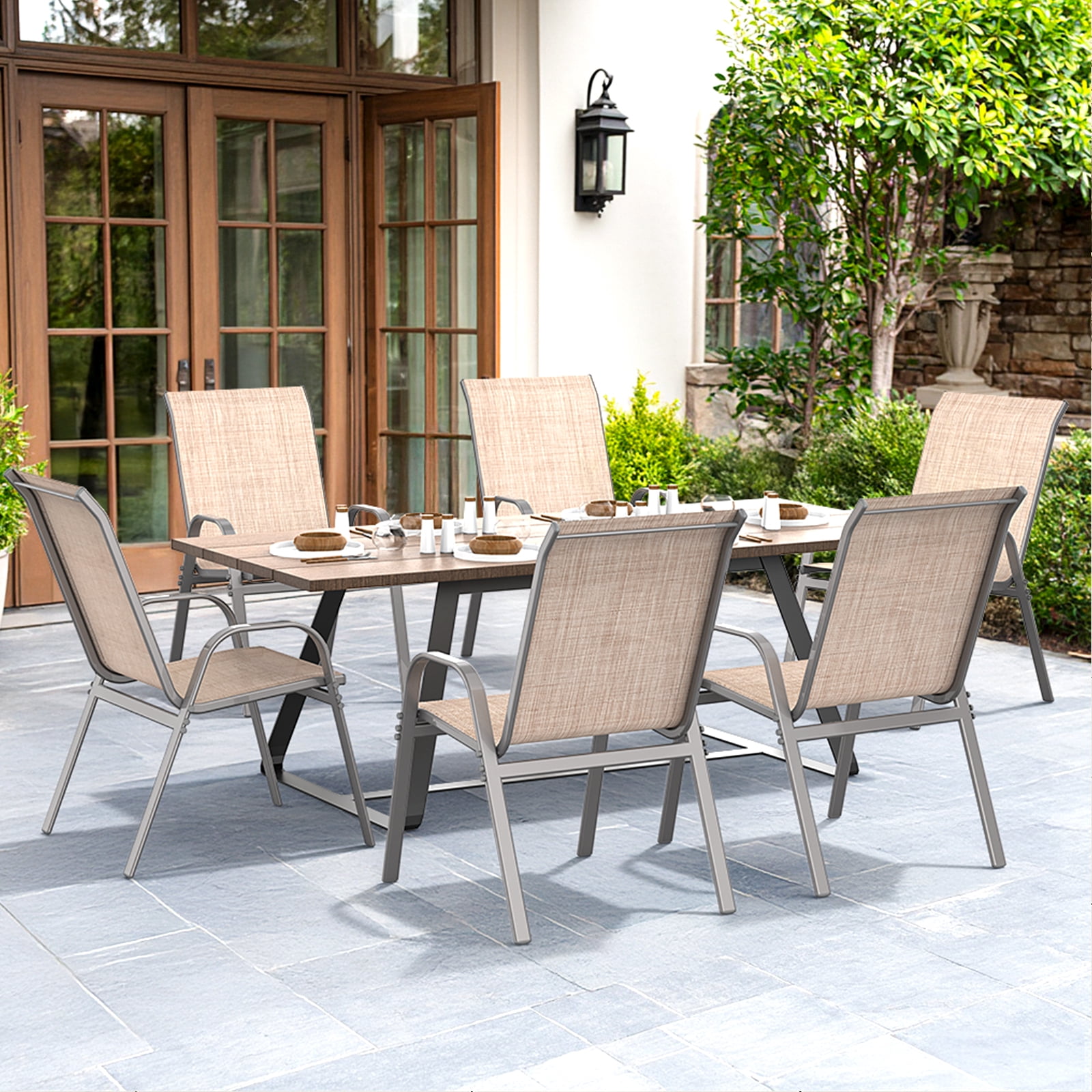 Dovov Outdoor Patio Dining Chairs Set of 6, Outdoor Textilene Stacking Chairs Patio Stackable High Back Armchairs, Beige