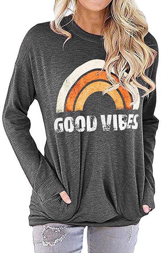 Tunics Tees Mitiy Womens Long Sleeve Loving Printing Round Neck Sweatshirt Blouse Tops