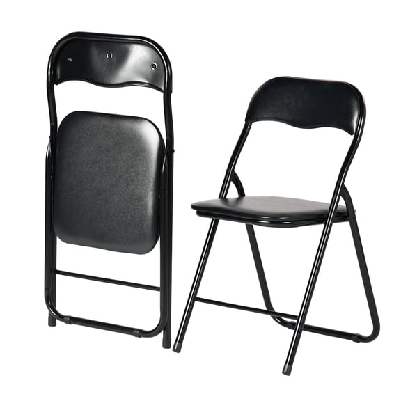 FurnitureR 2-Pack Padded Folding Chairs, Black PVC Seat with Metal Frame, Portable Chairs for Events & Home Office