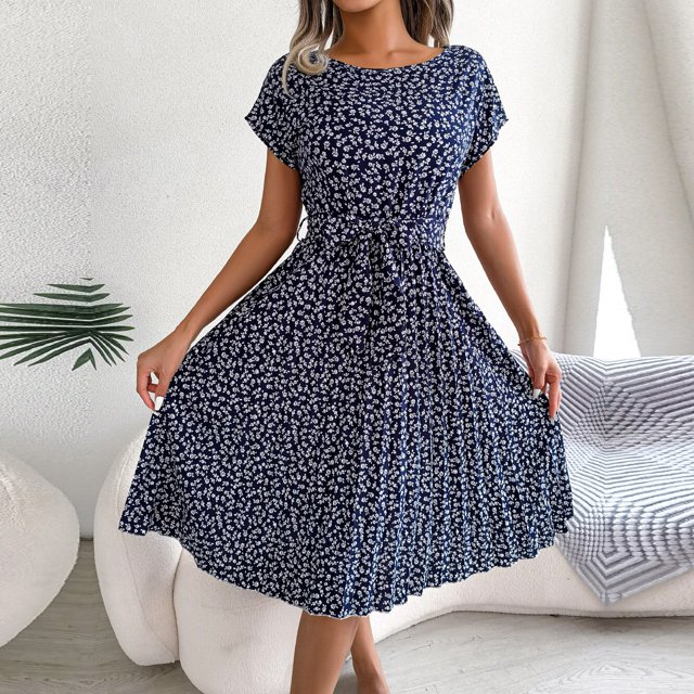 Women Floral Print Dress 2023 Summer New Vintage Pleated Short Sleeve High Waist Chic Dress Female Casual Lace Up A Line Dresses2XL Gao Jinjia LED