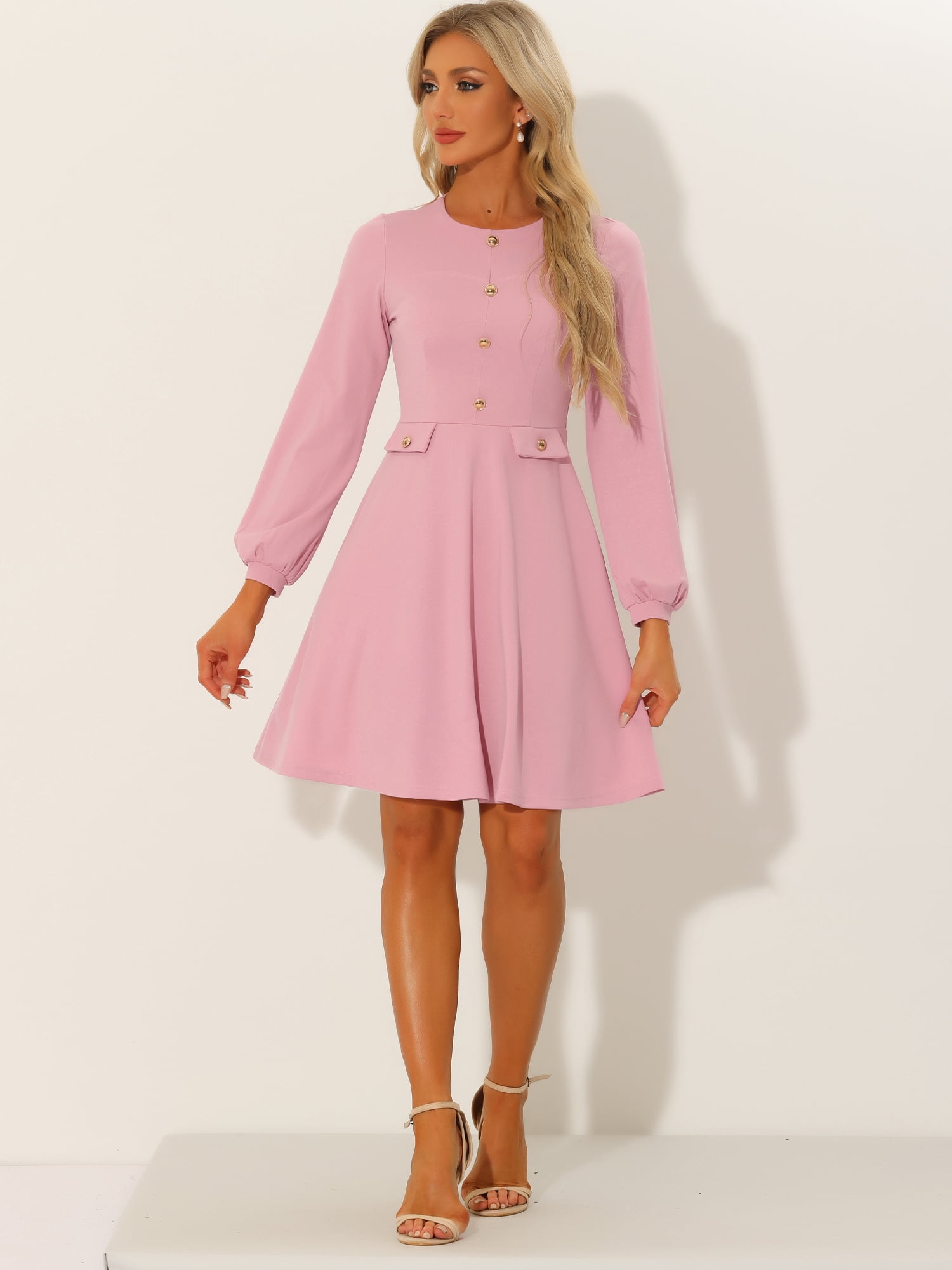 DARING DIVA Contrast Button Decor Long Sleeve Dress M Pink