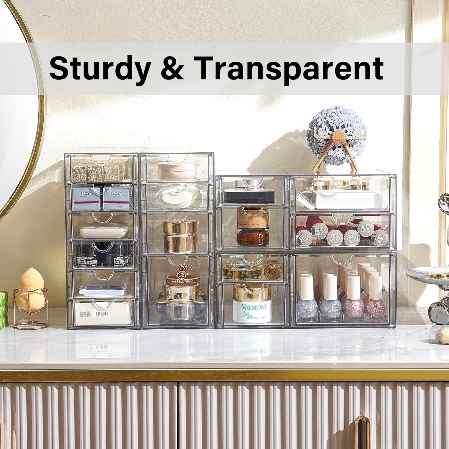 Acrylic Drawer Organizer with 17 Drawers, Craft Office Desk Makeup Organizers Accessories, Set of 4 Clear Stackable Storage Drawers for Vanity, Countertop, Jewelry, Art Supply Organization