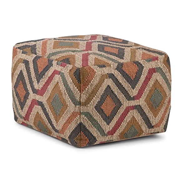 Simpli Home Johanna 20 inch Wide Boho Square Pouf in Multi-Color Cotton and Jute Kilim