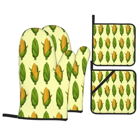 

Oven Mitts and Pot Holders 4 pcs Set corn cute yellow print Heat Resistant Silicone Oven Mitts Pot Holders for Kitchen Baking Cooking Non-Slip Oven Gloves Hot Pads Potholders