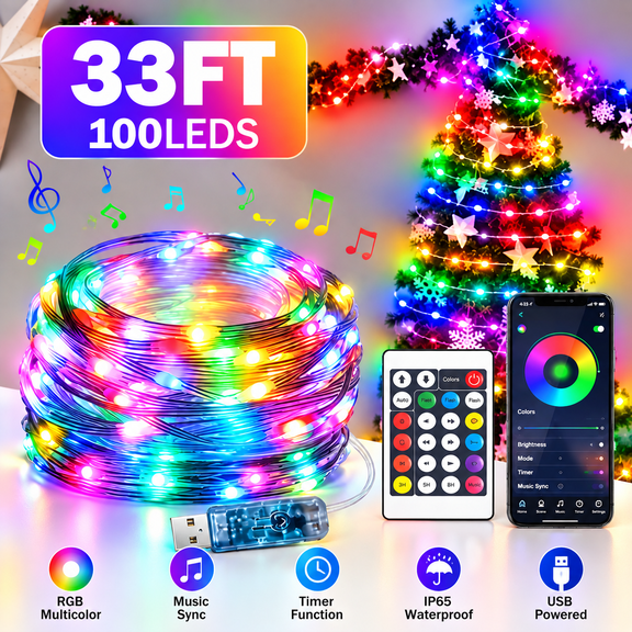 33FT Smart 100LEDs Fairy RGB String Light USB String Light with App Remote Control, Outdoor Indoor Christmas Tree Decor DIY Color Changing Timer