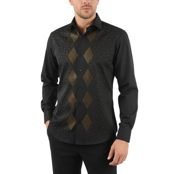 Men CEREMONIA Turkey Shirt 100% Cotton Fancy Rhine Stones #Rio 15 Black Slim Fit