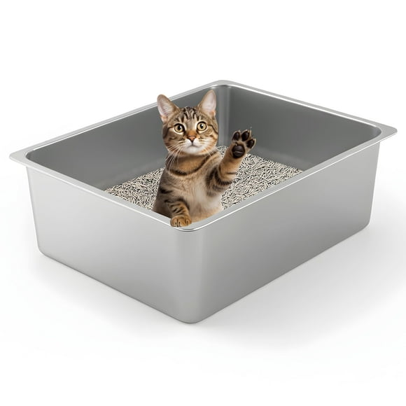 Caja de arena para gatos Kirecoo de acero inoxidable con lados altos, tamaño grande