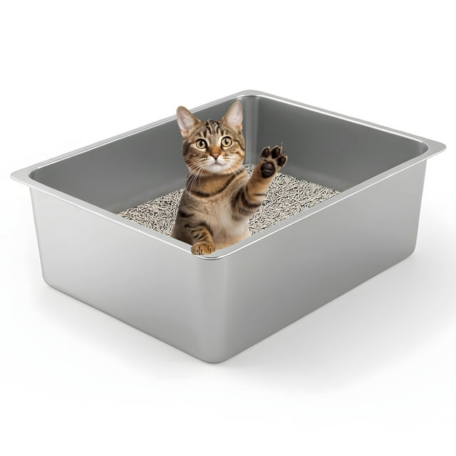 Caja de arena para gatos Kirecoo de acero inoxidable con lados altos, tamaño grande
