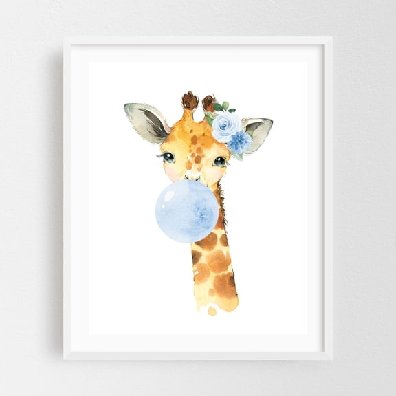 Giraffe, Jungle Animals, Safari Animals, Bubble Gum, Blue Flowers, Boy Nursery - Illustration Watercolor Animal Floral Whimsical White Framed Wall Art Print 16 x 20 inches