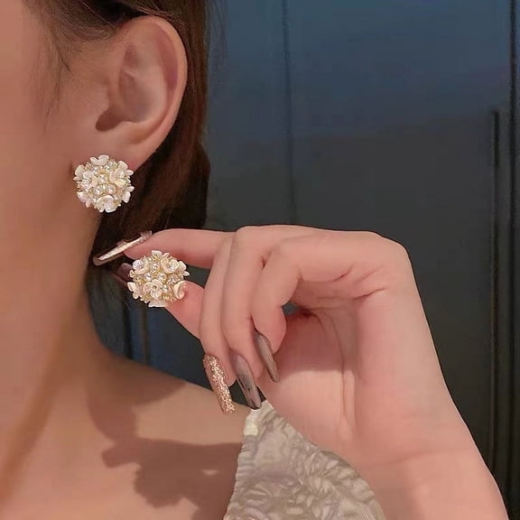 cpengpj Shell White Flower Ball Pearl Earrings, White Shell Earrings Flower Pearl Earrings Ball Pearl Double Sided Stud Front Back Earrings for Women 14k Gold Plated