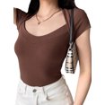 thumbnail image 2 of Biekopu Women's Summer Fitted Crop Tops,Solid Color Short Sleeve Blouse Cross Shoulder T-shirt, 2 of 5
