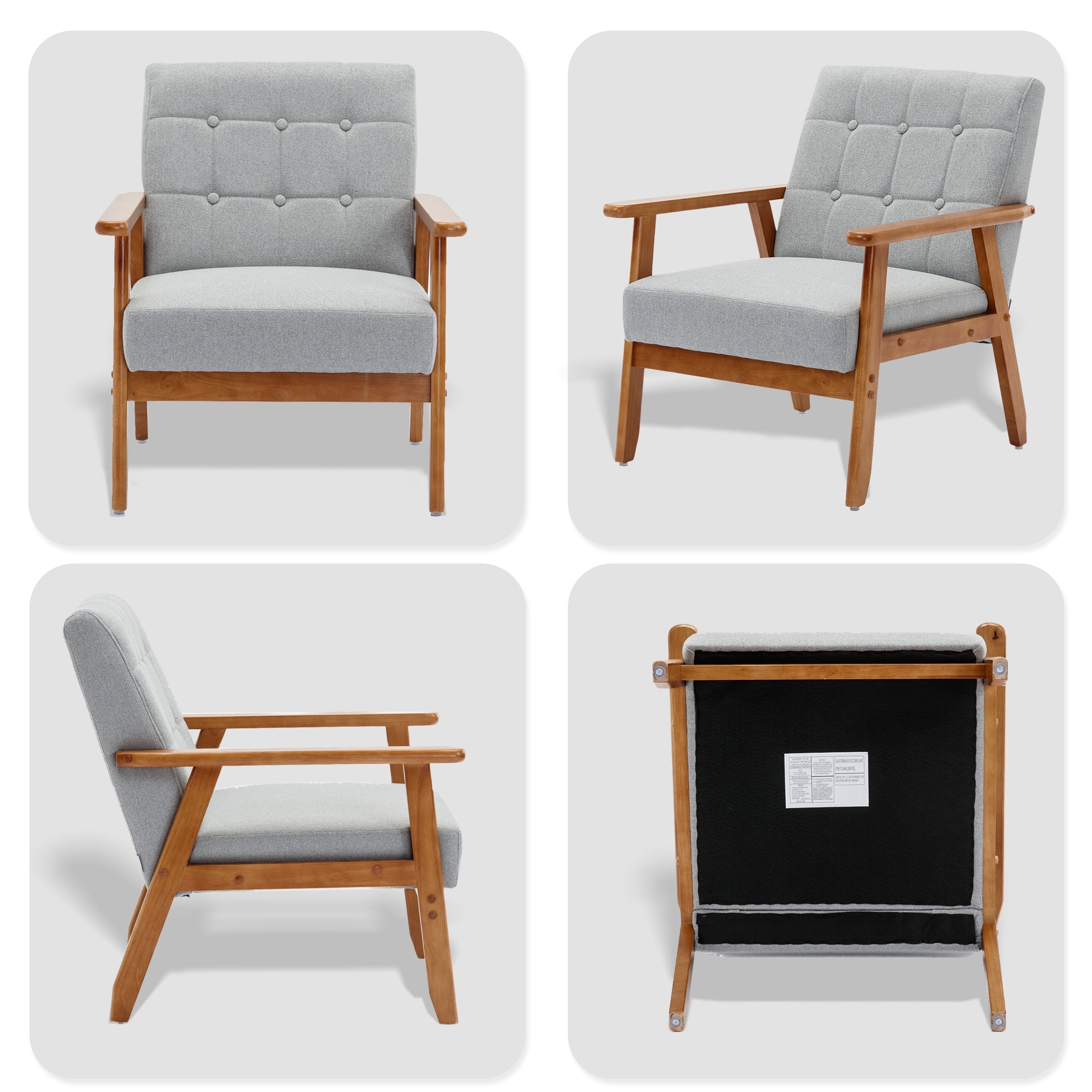 Ufurpie Mid Century Modern Armchair with Wood Frame,Linen Fabric Comfy Reading Chair,Accent Chair for Living Room Bedroom,Light Gray