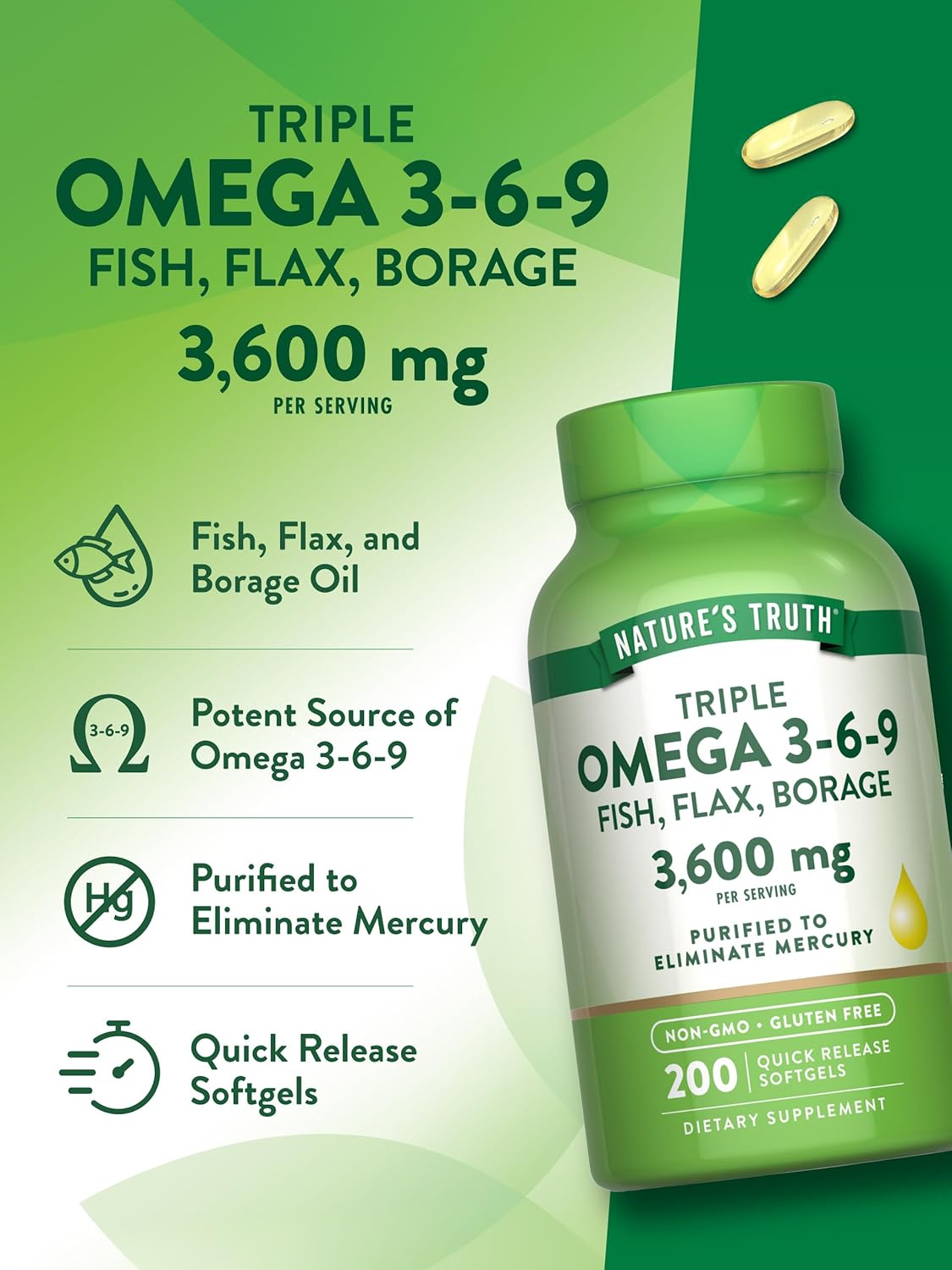 Triple Omega 3-6-9 3600 mg | 200 Softgels | Fish, Flax, Borage Oils Supplement | by Nature's Truth