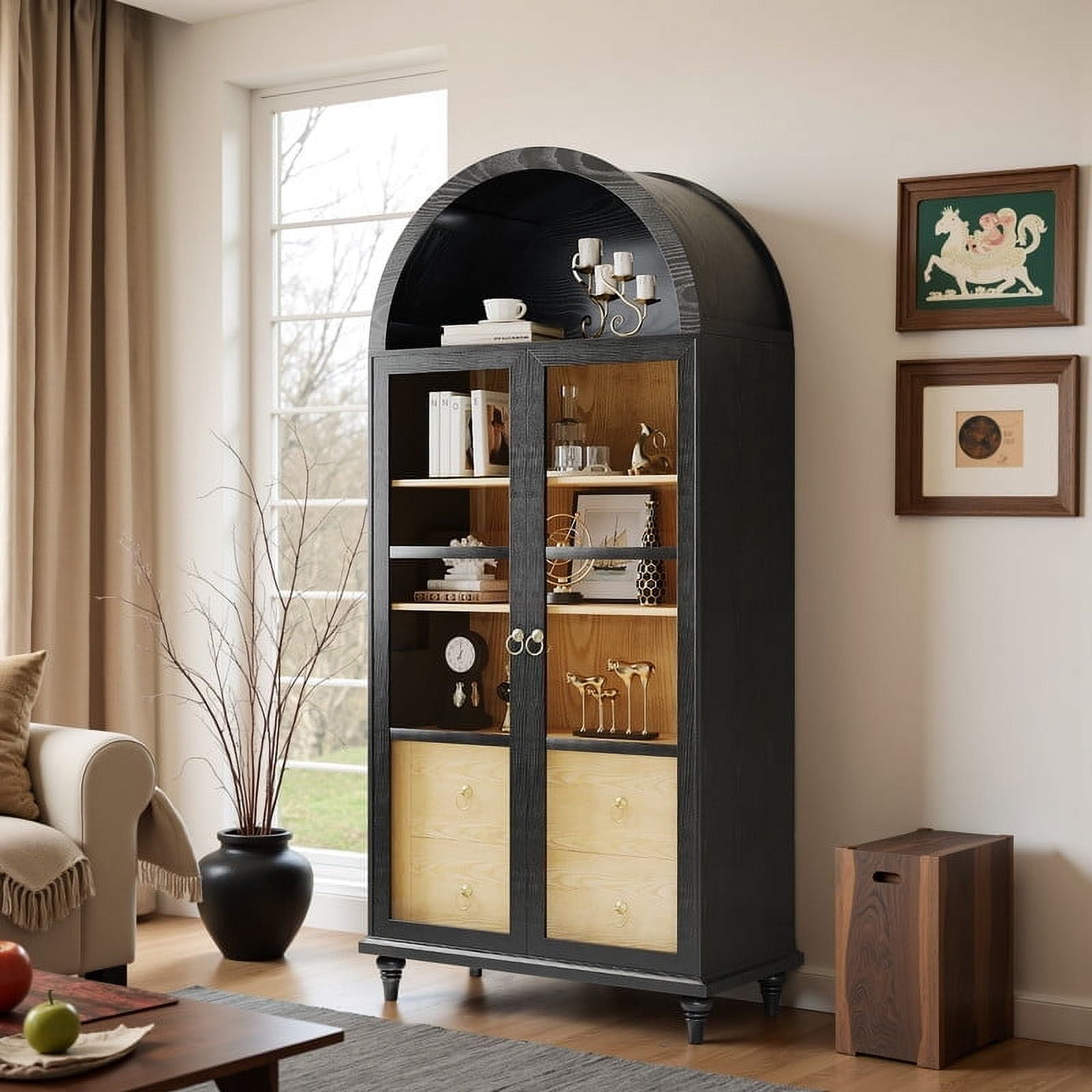 Furmax 71'' Tall Arched Pantry Cabinet, Wood Display Cabinet with 2 Large Drawers and 3 Shelves, Kitchen Storage Cabinet for Kitchen, Living Room, Dining Room, Black