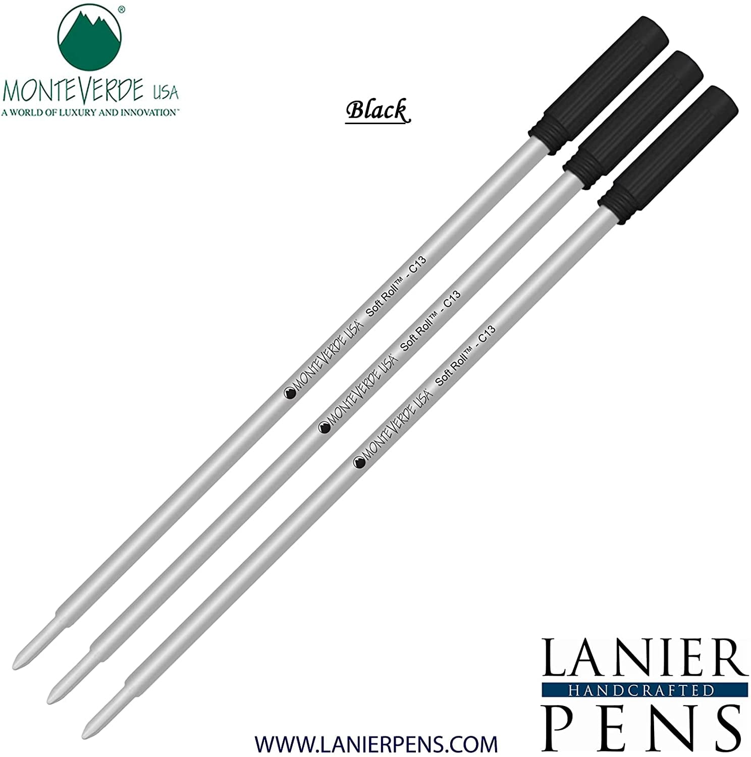 Lanier Combo Pack - 3 Pack - Monteverde Soft Roll Ballpoint C13 Paste Ink Refill Compatible with most Cross Style Ballpoint Pens - Black (Medium Tip 0.7mm)