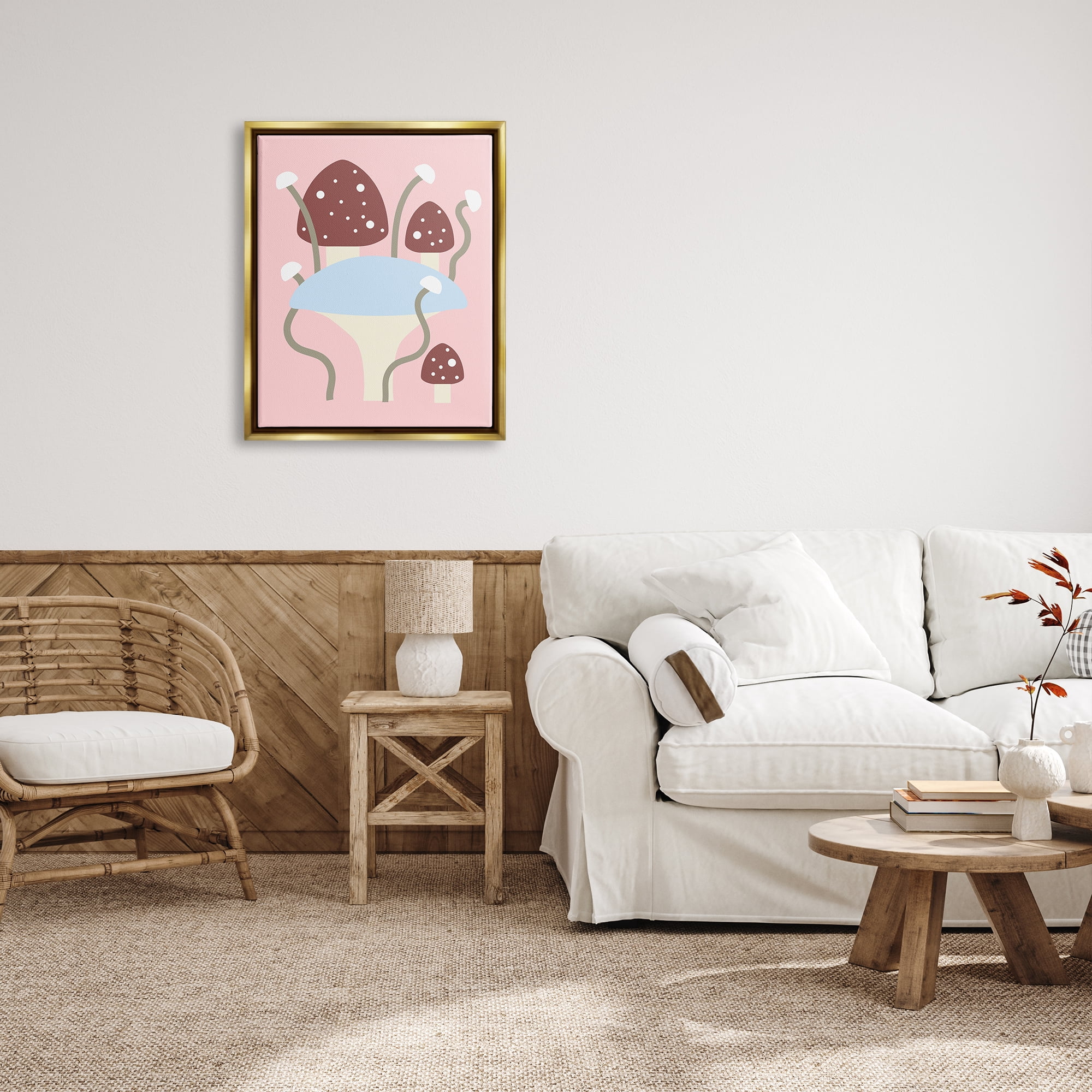 Stupell Industries Fun Mushrooms on Pink Botanical & Floral Painting Gold Floater Framed Canvas Art Print Wall Art, 25 x 31